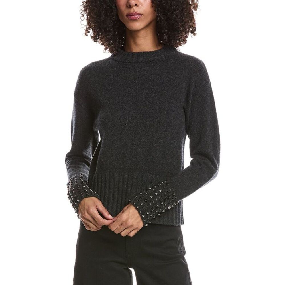 Brodie Cashmere Womens  Ellie Pearl Detail Crewneck 100% Cashmere Sweater, Gray